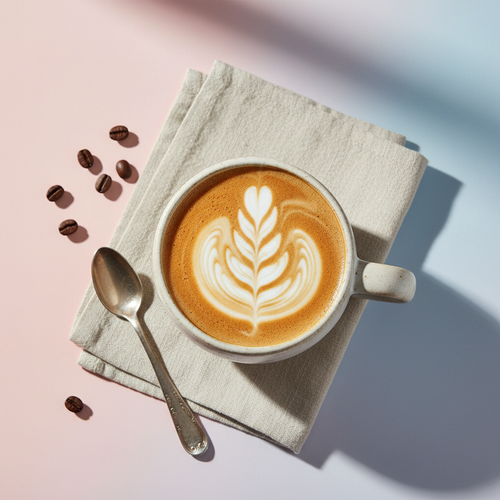 A cozy cup of coffee with latte art on a pastel background
